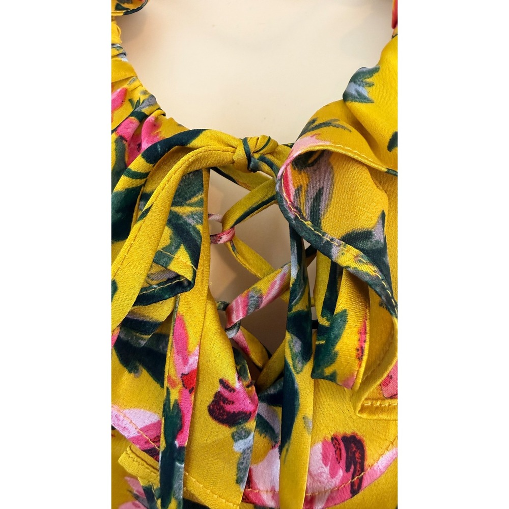 Avec Les Filles Mustard Floral Ruffle Tiered Mini Dress Cottagecore Coquette 6 - Picture 7 of 9